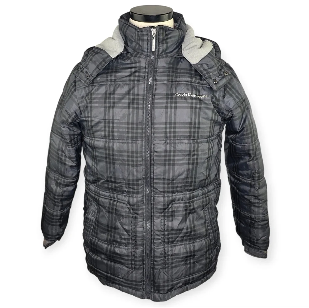 Calvin Klein Boys Gray Plaid Puffer Jacket Hooded Fleece Lined L 14-16
